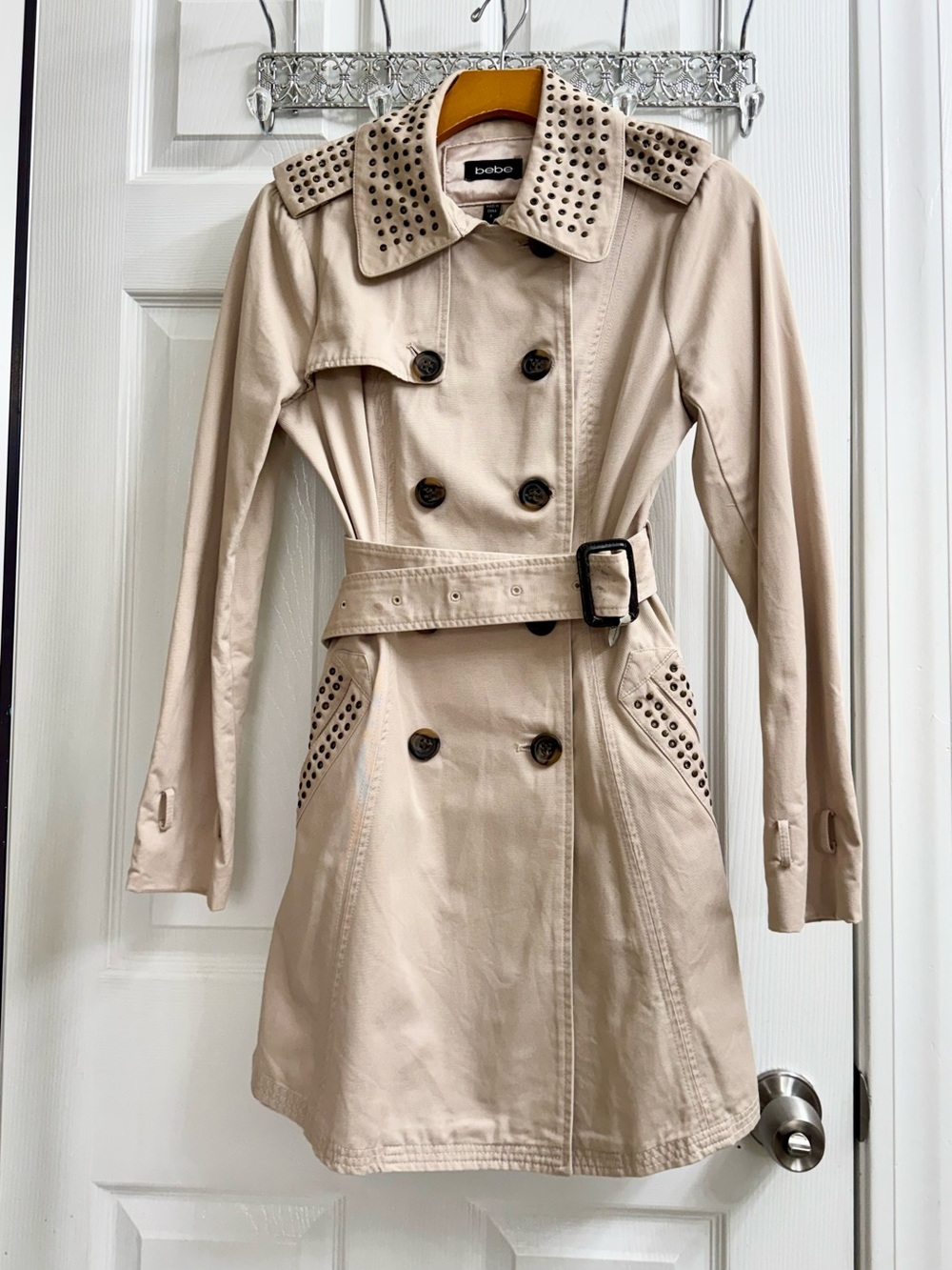 bebe Beige Stud-Detail Double-Breasted Trench Coat